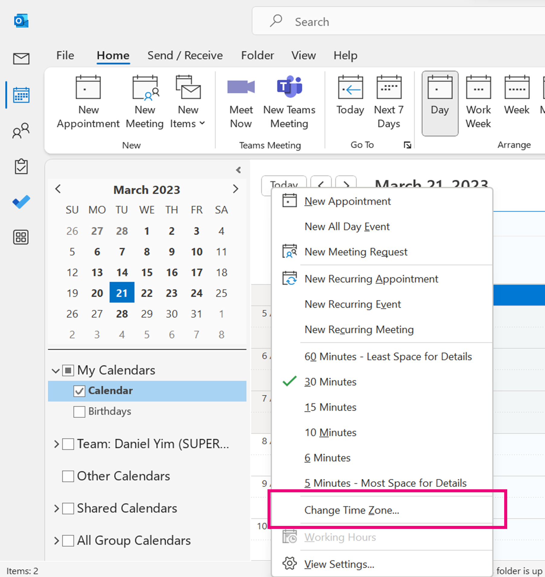 Outlook's time zone and holiday settings for April 2023.
